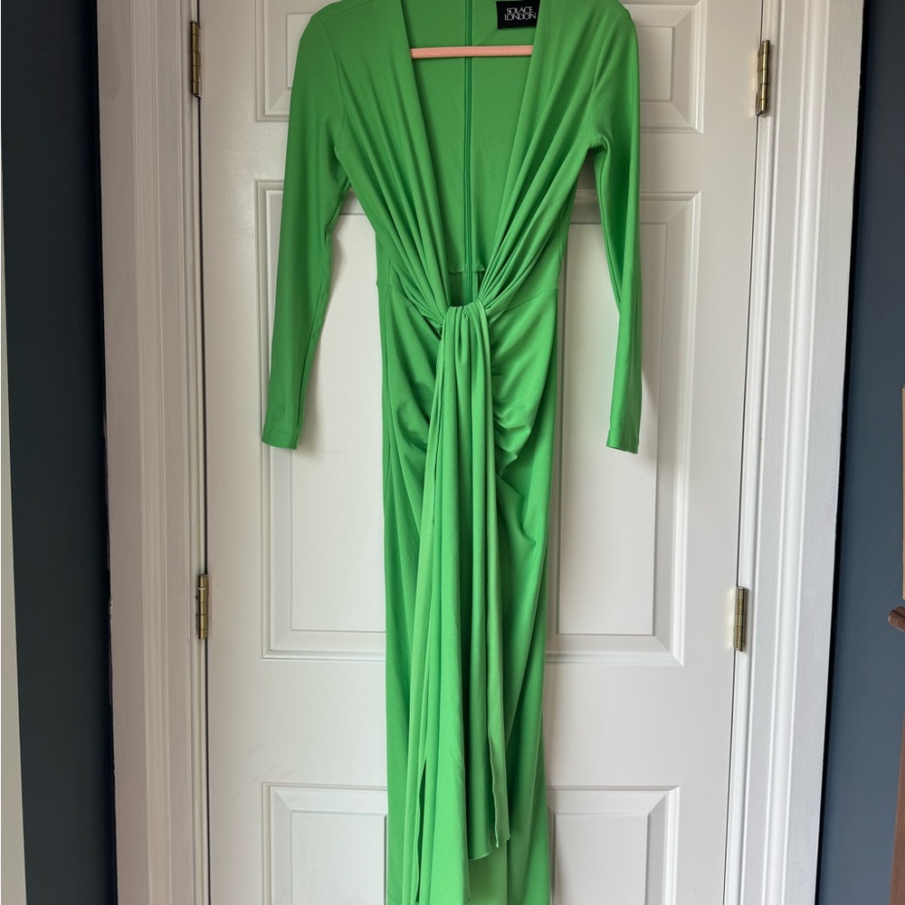 Solace London Long Sleeve Green Maxi Dress with Front Tie